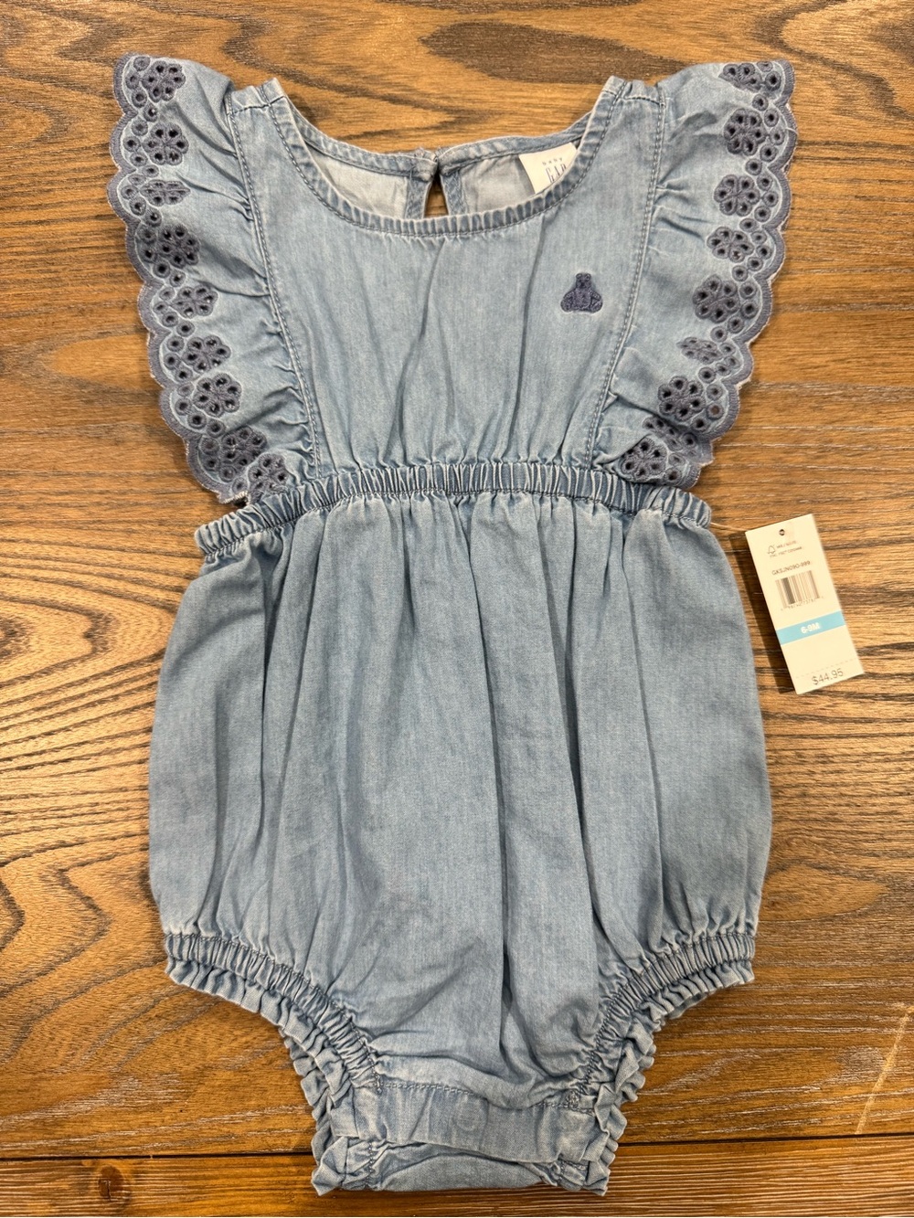 Baby GAP | Light Blue Chambray Baby Romper with Navy Bear Embroidery | 6-9 mo